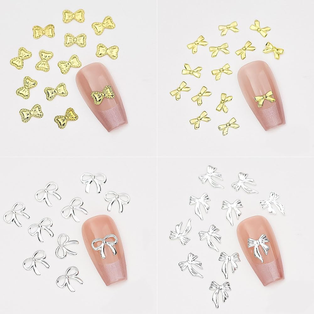 120Pcs Metal Bow Nail Charms Y2K Gold Silver Bow Charms for Nails Design Mix Size Shape Nail Bows for Nails Charms 3D Cute Ribbon Bowknot Nail Charm Nail Jewels for Nail Art Supplies Nail Accessories