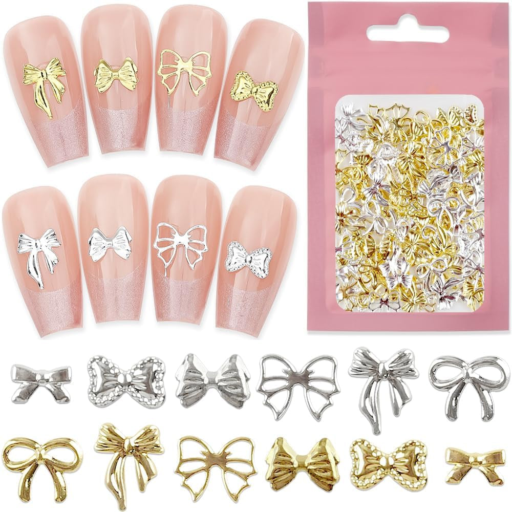120Pcs Metal Bow Nail Charms Y2K Gold Silver Bow Charms for Nails Design Mix Size Shape Nail Bows for Nails Charms 3D Cute Ribbon Bowknot Nail Charm Nail Jewels for Nail Art Supplies Nail Accessories