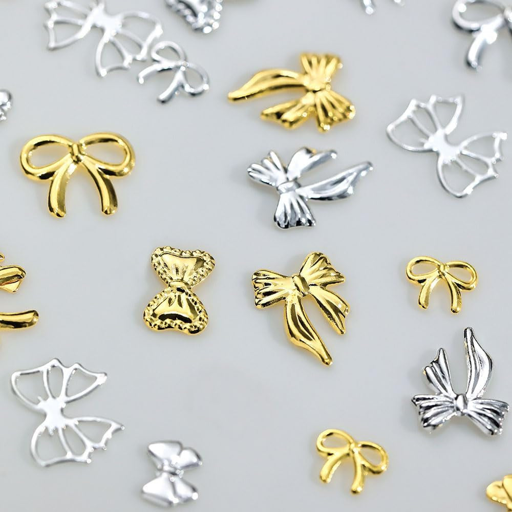 120Pcs Metal Bow Nail Charms Y2K Gold Silver Bow Charms for Nails Design Mix Size Shape Nail Bows for Nails Charms 3D Cute Ribbon Bowknot Nail Charm Nail Jewels for Nail Art Supplies Nail Accessories