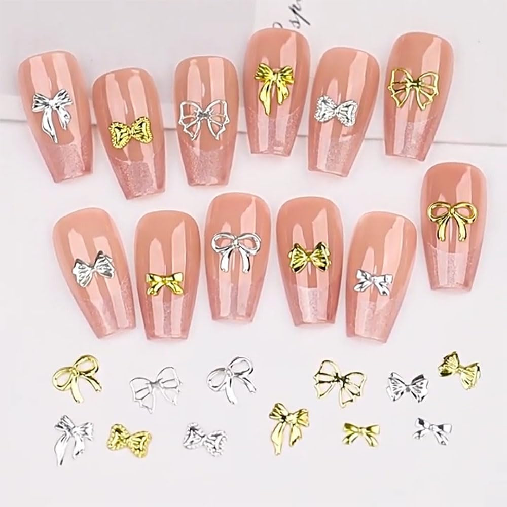 120Pcs Metal Bow Nail Charms Y2K Gold Silver Bow Charms for Nails Design Mix Size Shape Nail Bows for Nails Charms 3D Cute Ribbon Bowknot Nail Charm Nail Jewels for Nail Art Supplies Nail Accessories