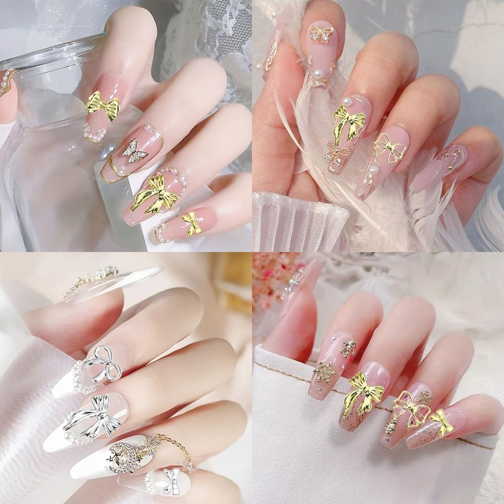 120Pcs Metal Bow Nail Charms Y2K Gold Silver Bow Charms for Nails Design Mix Size Shape Nail Bows for Nails Charms 3D Cute Ribbon Bowknot Nail Charm Nail Jewels for Nail Art Supplies Nail Accessories