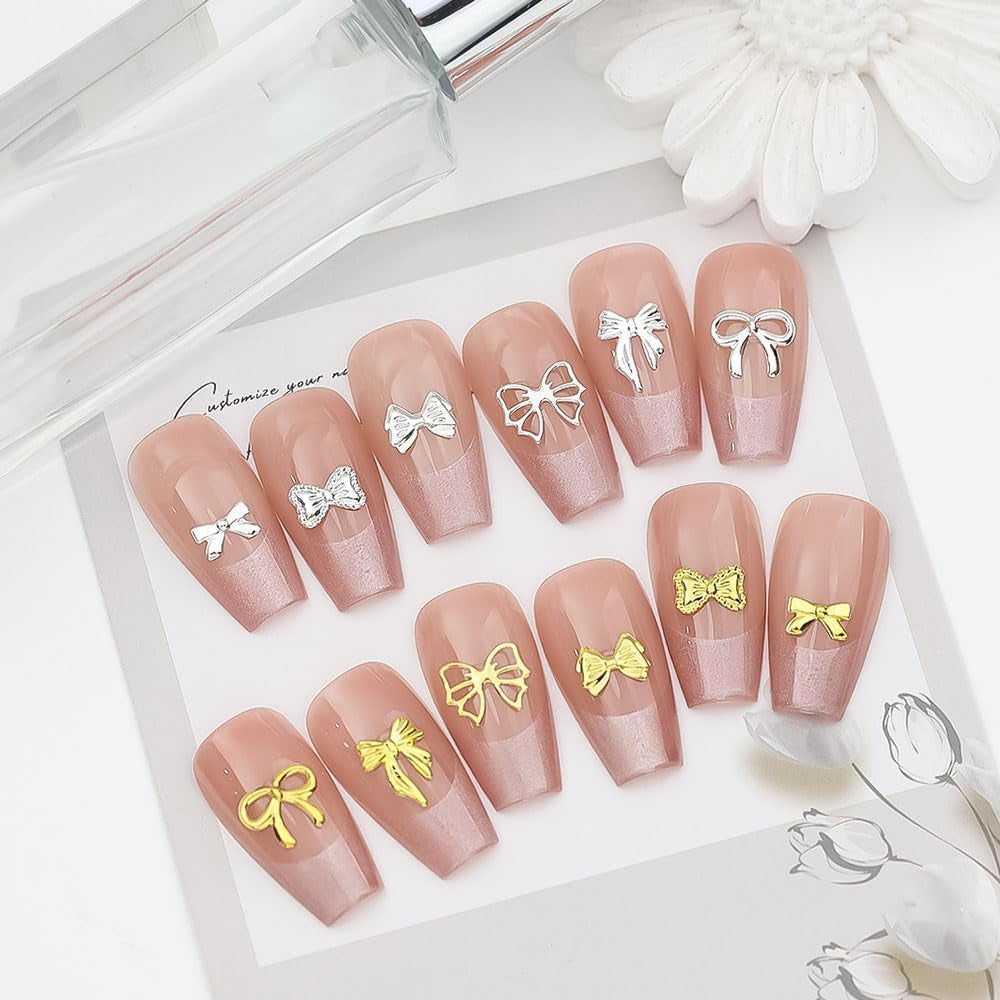 120Pcs Metal Bow Nail Charms Y2K Gold Silver Bow Charms for Nails Design Mix Size Shape Nail Bows for Nails Charms 3D Cute Ribbon Bowknot Nail Charm Nail Jewels for Nail Art Supplies Nail Accessories