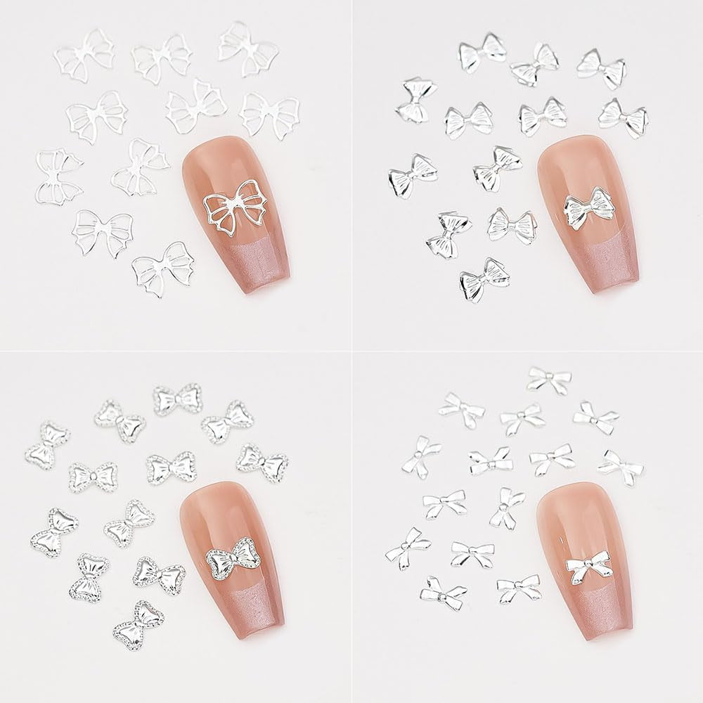 120Pcs Metal Bow Nail Charms Y2K Gold Silver Bow Charms for Nails Design Mix Size Shape Nail Bows for Nails Charms 3D Cute Ribbon Bowknot Nail Charm Nail Jewels for Nail Art Supplies Nail Accessories