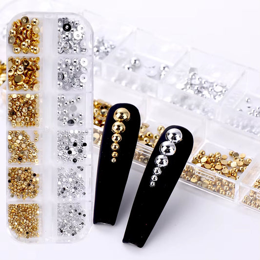 12Grids Gold Silver Color Mixed Type Flat Half round Pearl Nail Parts Flatback Ornament 3D Jewelry Manicure Accessorie Supplies