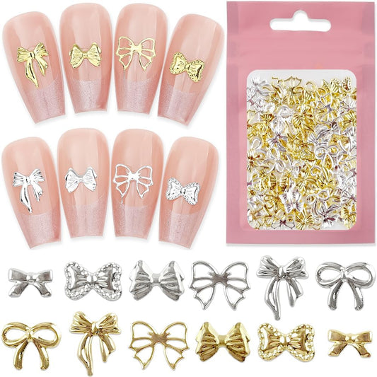120Pcs Metal Bow Nail Charms Y2K Gold Silver Bow Charms for Nails Design Mix Size Shape Nail Bows for Nails Charms 3D Cute Ribbon Bowknot Nail Charm Nail Jewels for Nail Art Supplies Nail Accessories